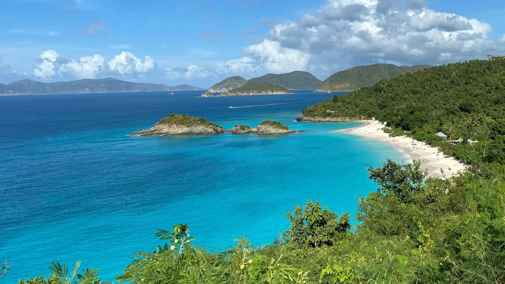 Turquoise water laps white sandy shore fringed with lush green vegetation.