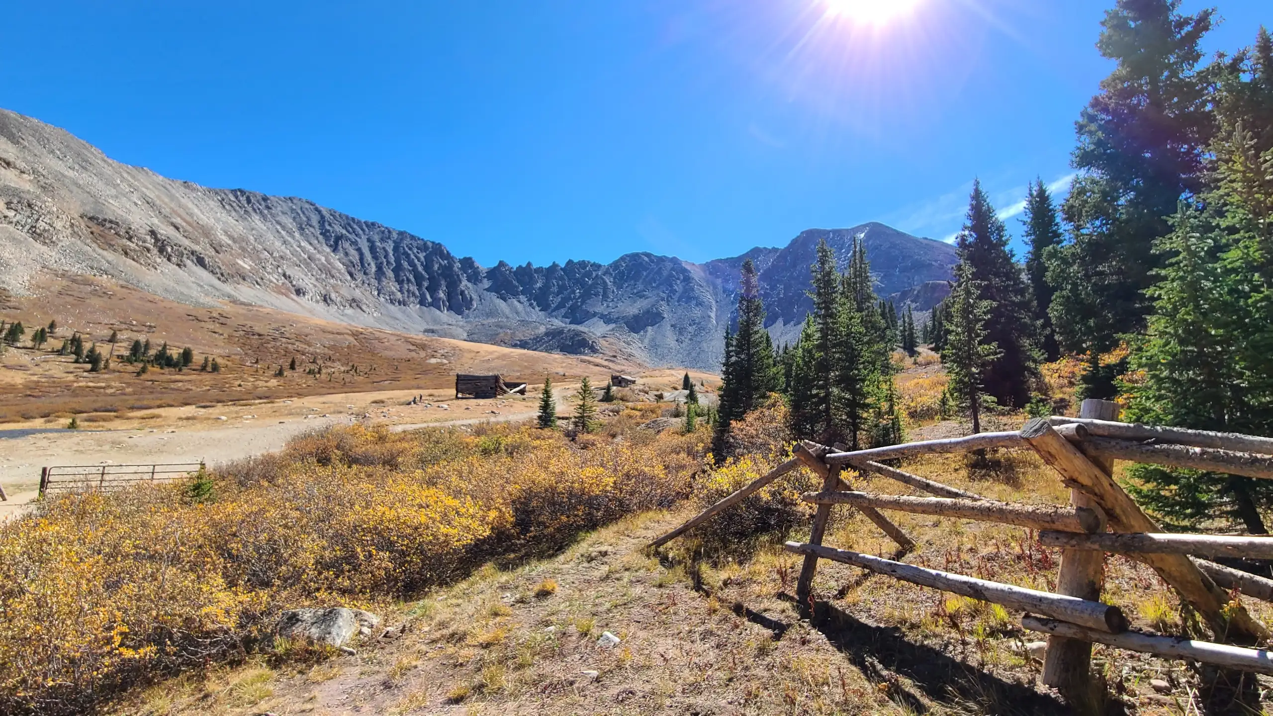 Autumn morning at Mayflower Gulch near Leadville, Colorado, with rugged peaks and old mining cabins